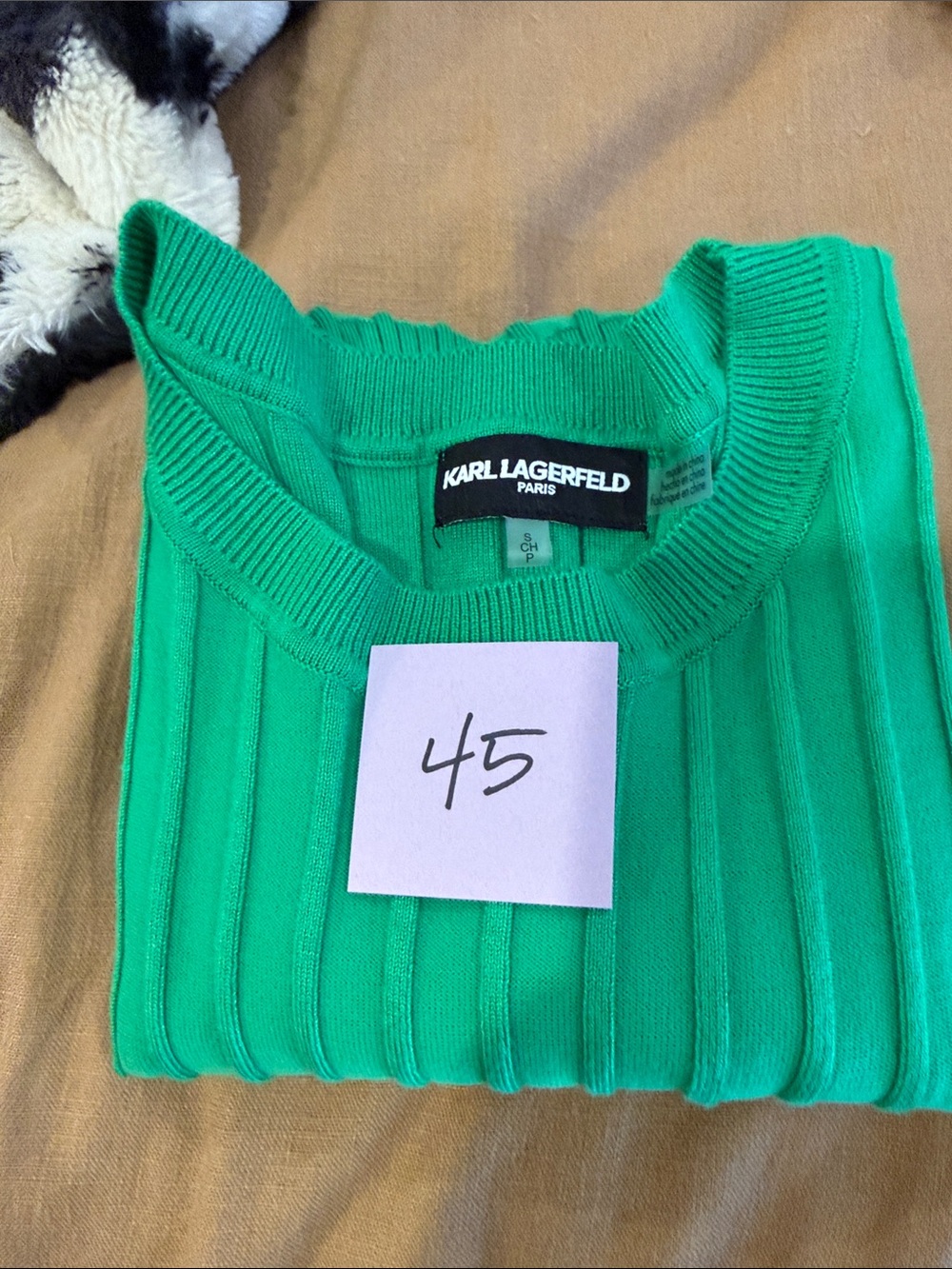 Karl Lagerfeld Bright Green Ribbed Short Sleeve Knit Top - Picture 4 of 4